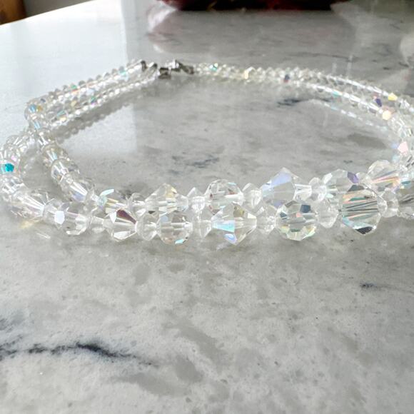 Vintage Crystal Bead Necklace Clear AB Double Strand Hook Clasp - Picture 2 of 7
